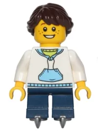 LEGO White Hoodie with Blue Pockets, Dark Blue Short Legs with Skates, Dark Brown Hair Ponytail Long French Braided minifigure