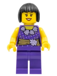 LEGO Female Dark Purple Blouse with Gold Sash and Flowers, Dark Purple Legs, Dark Brown Bob Cut Hair minifigure