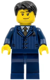 LEGO Businessman - Pinstripe Jacket and Gold Tie, Dark Blue Legs, Black Short Tousled Hair, Smirk and Stubble minifigure