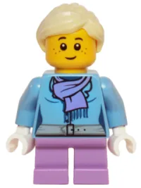 LEGO Medium Blue Jacket with Light Purple Scarf, Medium Lavender Short Legs, Bright Light Yellow Ponytail and Swept Sideways Fringe minifigure