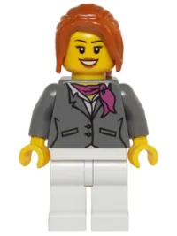 LEGO Dark Bluish Gray Jacket with Magenta Scarf, White Legs, Dark Orange Hair Ponytail Long with Side Bangs minifigure
