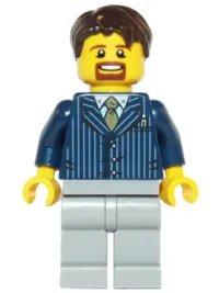 LEGO Businessman Pinstripe Jacket and Gold Tie, Light Bluish Gray Legs, Dark Brown Hair Short Tousled with Side Part minifigure