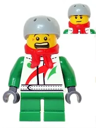 LEGO Octan - Jacket with Red and Green Stripe, Green Short Legs, Red Bandana, Helmet Sports with Vent Holes, Brown Eye Corner Crinkles minifigure
