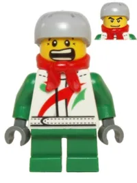 LEGO Octan - Jacket with Red and Green Stripe, Green Short Legs, Red Bandana, Helmet Sports with Vent Holes, Black Eye Corner Crinkles minifigure