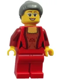 LEGO Female Corset with Gold Panel Front and Lace Up Back Pattern, Red Legs, Dark Bluish Gray Hair with Top Knot Bun (Thanksgiving Mom) minifigure