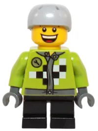 LEGO Lime Jacket with Wrench and Black and White Checkered Pattern, Short Black Legs, Sports Helmet with Vent Holes minifigure