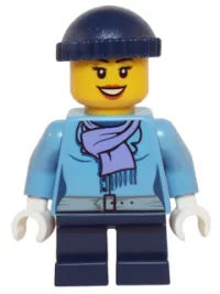 LEGO Medium Blue Jacket with Light Purple Scarf, Dark Blue Short Legs, Dark Blue Knit Cap minifigure