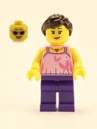 LEGO Girl, Bright Pink Top with Butterflies and Flowers, Dark Purple Legs, Dark Brown Ponytail and Swept Sideways Fringe minifigure