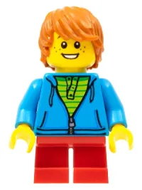 LEGO Birthday Boy, Dark Orange Hair, Dark Azure Torso Hoodie, Red Short Legs minifigure