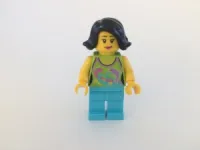 LEGO Female Lime Halter Top with Dolphin Pattern, Medium Azure Legs, Black Female Hair Short Swept Sideways minifigure
