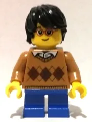 LEGO Boy - Medium Nougat Argyle Sweater, Blue Short Legs, Black Hair, Glasses minifigure