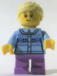 LEGO Girl - Fair Isle Sweater, Bright Light Yellow Ponytail, Lavender Legs Short, Freckles minifigure