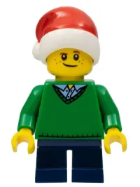 LEGO Boy, Green V-Neck Sweater, Dark Blue Short Legs, Santa Hat minifigure