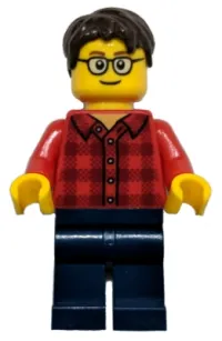 LEGO Plaid Flannel Shirt with Collar and 5 Buttons, Dark Blue Legs, Dark Brown Hair, Glasses minifigure