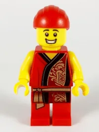 LEGO Lion Dance Musician, Red Head Wrap, Smile, Red Robe with Gold Dragon minifigure
