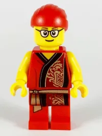 LEGO Lion Dance Musician, Red Head Wrap, Glasses, Red Robe with Gold Dragon minifigure