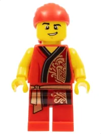 LEGO Lion Dance Musician, Red Head Wrap, Lopsided Grin, Raised Eyebrow, Red Robe with Gold Dragon minifigure
