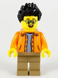 LEGO Man, Black Spiky Hair, Glasses, Orange Jacket, Sand Blue Shirt, Dark Tan Legs minifigure