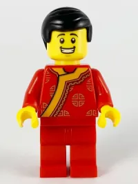 LEGO Toy Vendor, Black Hair, Red Changshan with Bright Light Orange Wide Hem, Gold Circles Pattern minifigure
