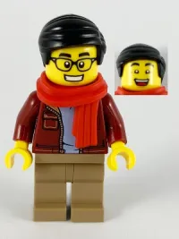 LEGO Man, Dark Red Jacket with Bright Light Blue Shirt, Dark Tan Legs, Red Scarf, Black Smooth Hair, Glasses minifigure