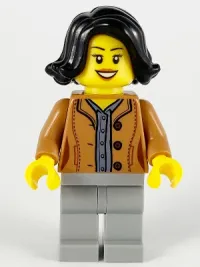 LEGO Woman, Black Hair, Medium Nougat Jacket, Dark Bluish Gray Shirt, Light Bluish Gray Legs minifigure
