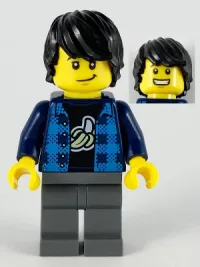 LEGO Man, Black Hair, Dark Azure Plaid Vest, Dark Blue Banana Shirt, Dark Bluish Gray Legs minifigure