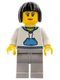 LEGO Woman, Black Hair, White Hoodie with Medium Blue Pouch and Hood, Light Bluish Gray Legs minifigure