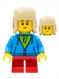 LEGO Child Boy, Red Ushanka Hat, Dark Azure Hoodie, Lime Shirt, Red Short Legs minifigure