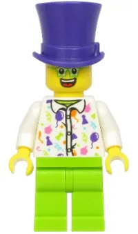 LEGO Birthday Party Guest, Dark Purple Top Hat, Green Glasses, White Shirt, Lime Legs minifigure