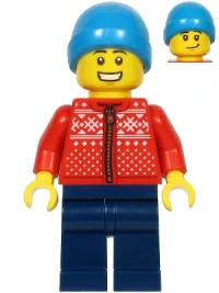 LEGO Man, Red Winter Jacket, Dark Blue Legs, Dark Azure Ski Beanie Hat minifigure