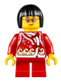 LEGO Child Girl, Red Shirt with Bows and Flowers, Red Short Legs, Black Short Hair, Glasses minifigure