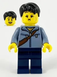 LEGO Man, Sand Blue Jacket and Reddish Brown Satchel, Dark Blue Legs, Black Hair minifigure