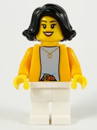 LEGO Woman, Bright Light Orange Jacket over Light Bluish Gray Shirt, White Legs, Black Mid-Length Hair minifigure
