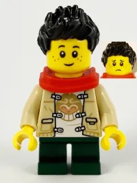 LEGO Child Boy, Monkie Kid Shirt, Red Scarf, Dark Green Short Legs, Black Hair minifigure
