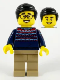 LEGO Man, Dark Blue Sweater, Dark Tan Legs, Black Hair, Glasses minifigure