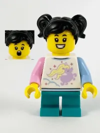 LEGO Child Girl, Unicorn Shirt, Dark Turquoise Short Legs, Black Hair minifigure