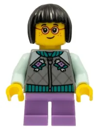 LEGO Child Girl, Flat Silver Jacket, Medium Lavender Short Legs, Black Short Hair, Glasses minifigure