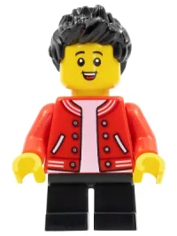 LEGO Child Boy, Red Jacket over White Shirt, Black Short Legs, Black Hair minifigure