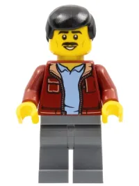 LEGO Man, Dark Red Jacket with Bright Light Blue Shirt, Dark Bluish Gray Legs, Black Male Hair, Moustache minifigure