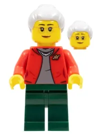 LEGO Grandmother, Red Jacket, Dark Bluish Gray Shirt, Dark Green Legs, Light Bluish Gray Hair, Glasses minifigure