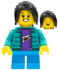 LEGO Child Girl, Dark Turquoise Jacket, Dark Purple Shirt, Dark Azure Short Legs, Black Long Hair minifigure