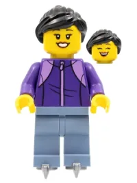 LEGO Woman, Black Hair, Dark Purple Jacket, Sand Blue Legs, Ice Skates minifigure