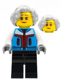 LEGO Woman, Light Bluish Gray Hair, Dark Azure Coat, Black Legs minifigure