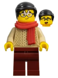 LEGO Lunar New Year Parade Spectator - Male, Red Scarf, Tan Sweater, Dark Red Legs, Black Hair, Rabbit Glasses minifigure