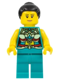 LEGO Lunar New Year Parade Participant - Musician, Female, Ornate Dark Turquoise Costume, Black Bun, Slight Smile minifigure