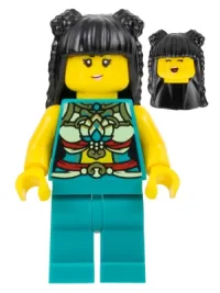 LEGO Lunar New Year Parade Participant - Musician, Female, Ornate Dark Turquoise Costume, Black Long Hair minifigure