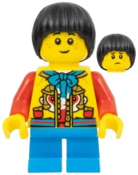 LEGO Lunar New Year Parade Spectator - Child Boy, Yellow Monkey King Jacket, Dark Azure Short Legs, Black Mop Top minifigure