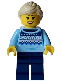 LEGO Winter Market Stall Vendor - Female, Bright Light Blue Knit Fair Isle Sweater, Dark Blue Legs, Tan Ponytail minifigure