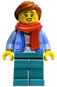 LEGO Wintertime Carriage Passenger - Female, Bright Light Blue Jacket over White Shirt with Coral Flowers, Dark Turquoise Legs, Dark Orange Ponytail, Freckles, Red Scarf minifigure
