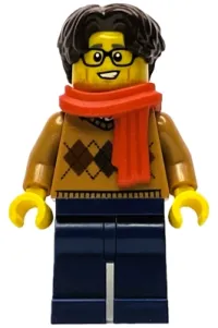 LEGO Wintertime Carriage Passenger - Male, Medium Nougat Argyle Sweater, Dark Blue Legs, Dark Brown Hair, Glasses, Red Scarf minifigure